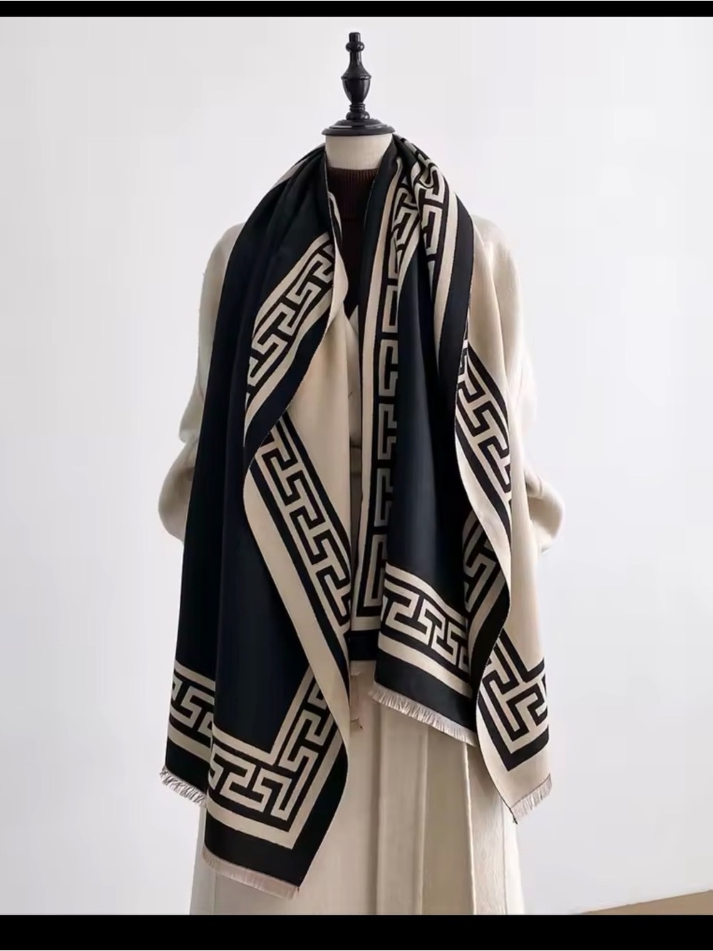 Black & Cream Geometric Border Wrap Scarf